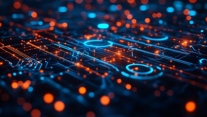 Aufkleber - Close-up view of a futuristic circuit board illuminated by dynamic orange and blue light particles : Generative AI