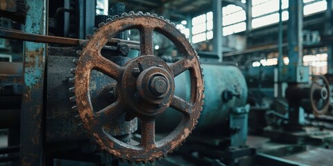 Poster - Vintage Industrial Machinery with Rusty Gear in Abandoned Factory