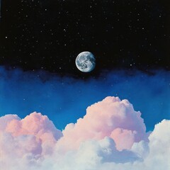 Wall Mural - Mystical lunar mist, glowing full moon and crescent moon floating above dreamy clouds, twinkling constellation lights.