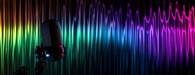Poster - Microphone with colorful wave background creating an engaging audio visual experience : Generative AI