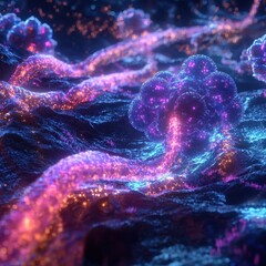Poster - Abstract glowing pathways with vibrant orbs in a dark environment