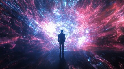 Poster - Surreal Digital Landscape with Person in a Cosmic Background