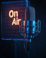 Poster - Well-lit professional microphone next to illuminated On Air sign representing a vibrant broadcast environment : Generative AI