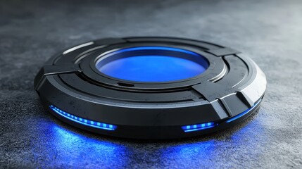 Poster - Futuristic Circular Device with Blue Glow on Dark Surface Background