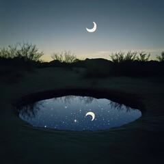 Wall Mural - celestial reflections, full and crescent moon mirrored in a serene desert oasis, soft constellation 