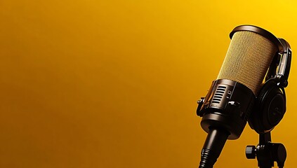 Poster - Stylish microphone and headphones with stunning yellow backdrop ideal for music and podcasting : Generative AI