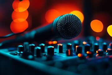 Poster - Dynamic close up of a microphone on a professional audio mixer with colorful bokeh lights in the background : Generative AI