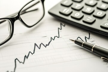 Poster - Market trend graph displayed on paper with financial tools including calculator and pen : Generative AI