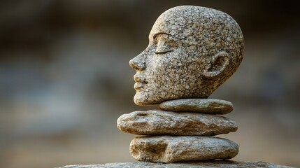 Poster - Serene stone stack featuring a tranquil buddha head on top, symbolizing inner peace and mindfulness practices