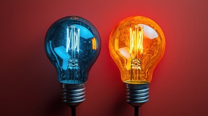 Poster - Two bright light bulbs glowing on a bold red background creating a striking visual contrast and emphasizing creativity