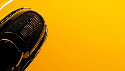 Poster - Stylish close up of a black microphone capturing audio against a bright yellow background : Generative AI