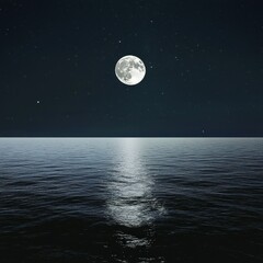 Wall Mural - Lunar reflections, hyper-realistic full moon and crescent moon above a calm, dark ocean, faint constellations shimmering.