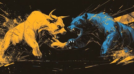 Poster - Intense confrontation of a bull and bear in artistic representation showcasing market rivalry and financial strategies : Generative AI