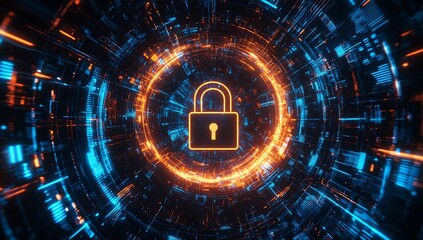 Fototapete - Futuristic digital background with secured padlock symbol representing data protection and cybersecurity : Generative AI