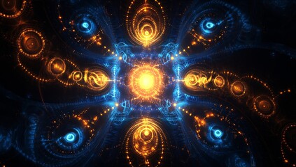 Leinwandbilder - Vibrant cosmic abstract art with swirling orange and blue light patterns emanating from a central sphere : Generative AI