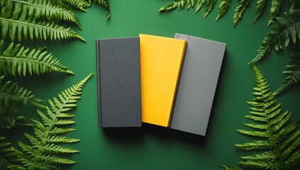 Poster - Three stylish notebooks in gray and yellow arranged artistically among vibrant green ferns showcasing creativity and sophistication : Generative AI