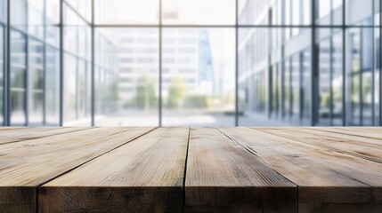 Poster - Empty Wooden Table Top with Blurred Glass Window Background