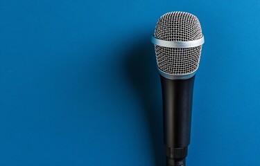 Poster - High quality microphone on blue background perfect for music and podcasting promotions : Generative AI