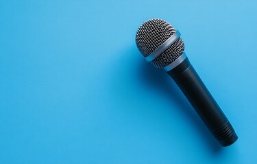 Poster - Stylish silver and black handheld microphone on a solid blue backdrop ideal for performances and interviews : Generative AI