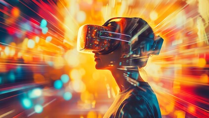 Poster - Incredible close-up of a woman experiencing virtual reality with intense light trails and vibrant colors around her : Generative AI