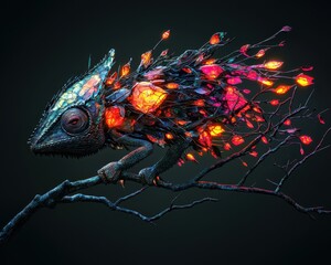 Poster - Colorful Fantasy Chameleon on Branch with Illuminated Leaves