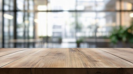 Poster - Empty Wooden Table Top with Blurred Glass Window Background