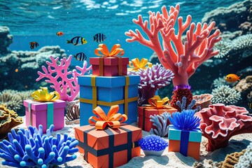 Vibrant Coral Gems in Clear Sea Background Three Dimensional Marine Adventure