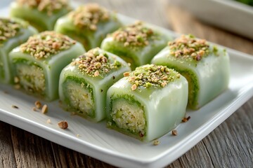 Poster - Delicious and Colorful Gourmet Sweet Treats with Pistachio Topping Served on White Plate : Generative AI