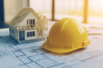 Poster - Yellow hard hat and house model presented on detailed architectural blueprints : Generative AI