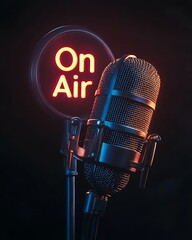 Poster - Dynamic microphone under glowing On Air sign in a cozy recording environment creating a captivating atmosphere : Generative AI