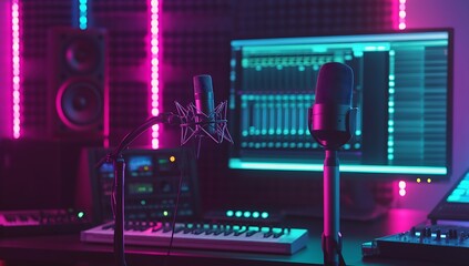 Poster - Professional audio recording studio with modern microphones and colorful LED lights for music production : Generative AI