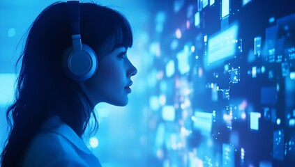 Poster - Female User Immersed in Digital World Wearing Headphones and Engaging with Technology : Generative AI