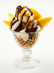 Poster - Mouthwatering ice cream sundae with luscious chocolate drizzle and fresh mango topped in a classic glass : Generative AI