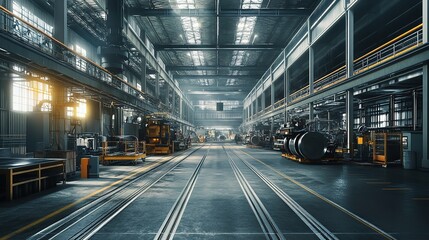 Poster - Industrial Factory Floor with Rolling Steel Sheets and Equipment