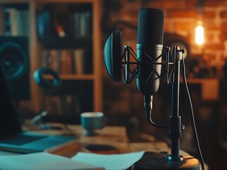 Poster - High quality microphone setup in cozy home studio environment for podcasting and music production : Generative AI