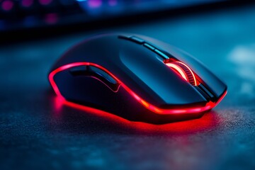Poster -  illuminated Gaming Mouse with Eye-Catching Red LED Lights on Table : Generative AI
