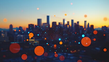 Poster - Blurry city skyline at sunset with digital particles