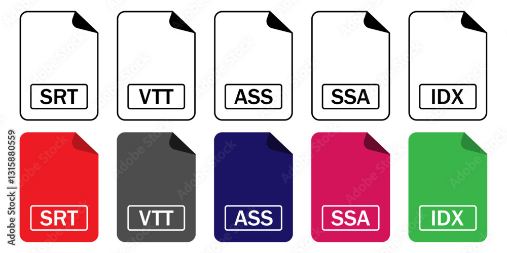 Set of subtitle and caption file format icons (SRT, VTT, ASS, SSA, IDX ...