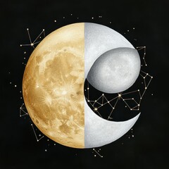Wall Mural - elegant celestial symmetry, golden-hued full moon and silver crescent moon floating in cosmic harmon