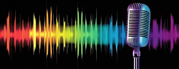 Poster - Colorful classic microphone surrounded by lively audio wave art representing musical expression : Generative AI