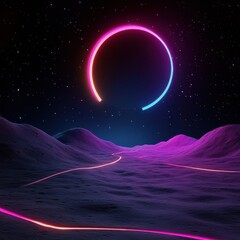 Wall Mural - Vibrant sci-fi lunar landscape, glowing futuristic full and crescent moon, neon constellations scattered in deep space.