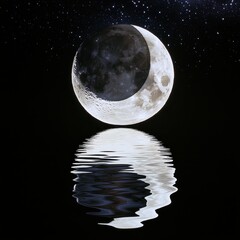 Wall Mural - Hyper-detailed cosmic reflections, full moon and crescent moon mirrored on a tranquil water surface, constellations above.