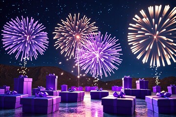 Three Dimensional Night Sky Celebration with Radiant Fireworks and Purple Gifts