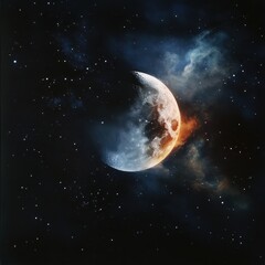 Wall Mural - Deep space celestial photography, glowing full moon and crescent moon in a cosmic mist, intricate constellation details.