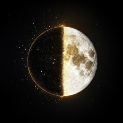 Wall Mural - Majestic celestial duality, full and crescent moon side by side, glowing golden light, delicate starry constellations.