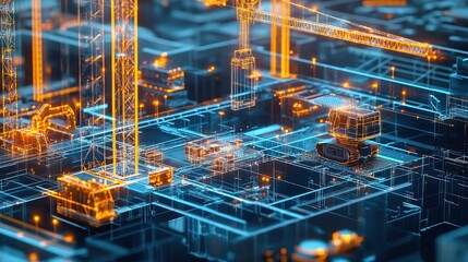 Poster - Futuristic Digital Construction Site with Holographic Tools and Equipment