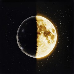 Wall Mural - Majestic celestial duality, full and crescent moon side by side, glowing golden light, delicate starry constellations.