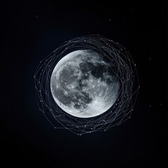Wall Mural - Hyper-detailed lunar realism, high-resolution full moon and crescent moon, glowing constellation trails forming sacred geometry.