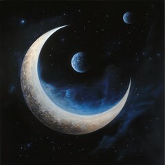 Wall Mural - fantasy cosmic dreamscape, full moon and crescent moon radiating soft magical light, celestial const