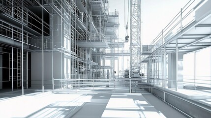 Poster - Detailed 3D Rendering of Modern Construction Site with Scaffolding
